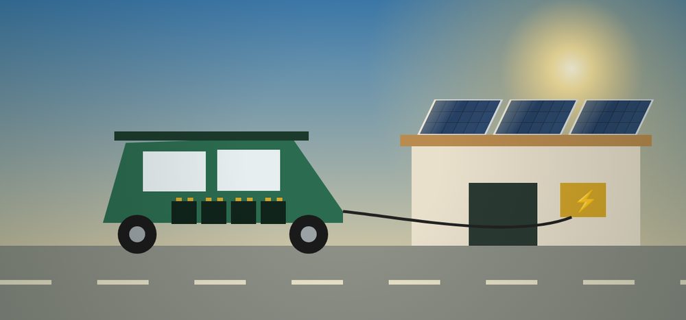 Illustration of an electric auto-rickshaw charging from a solar-powered garage
