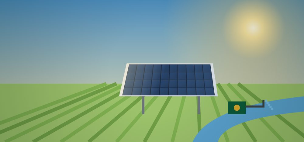 Illustration of a solar panel powering a water pump beside green fields