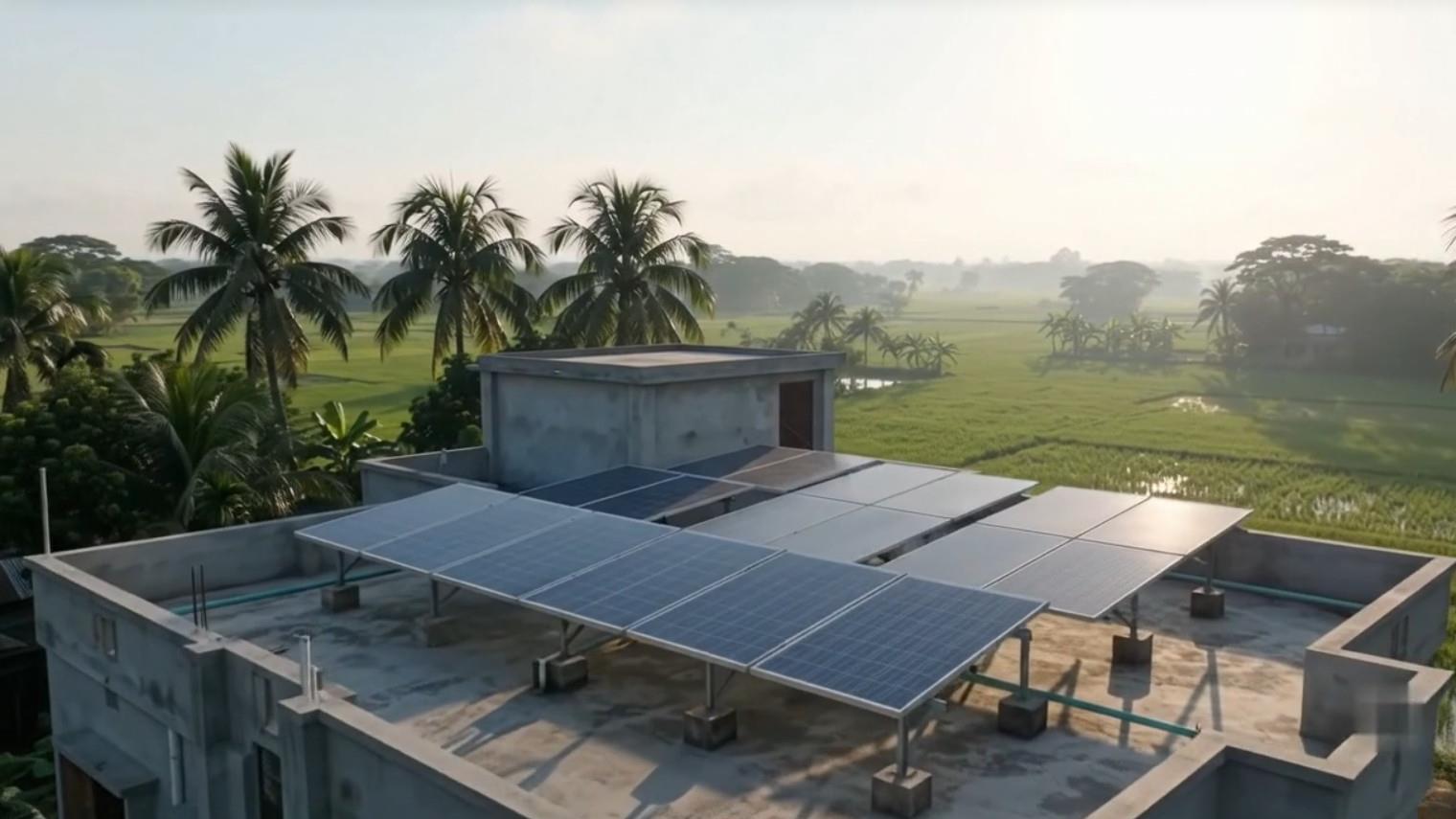 Rows of solar panels mounted on a flat concrete rooftop