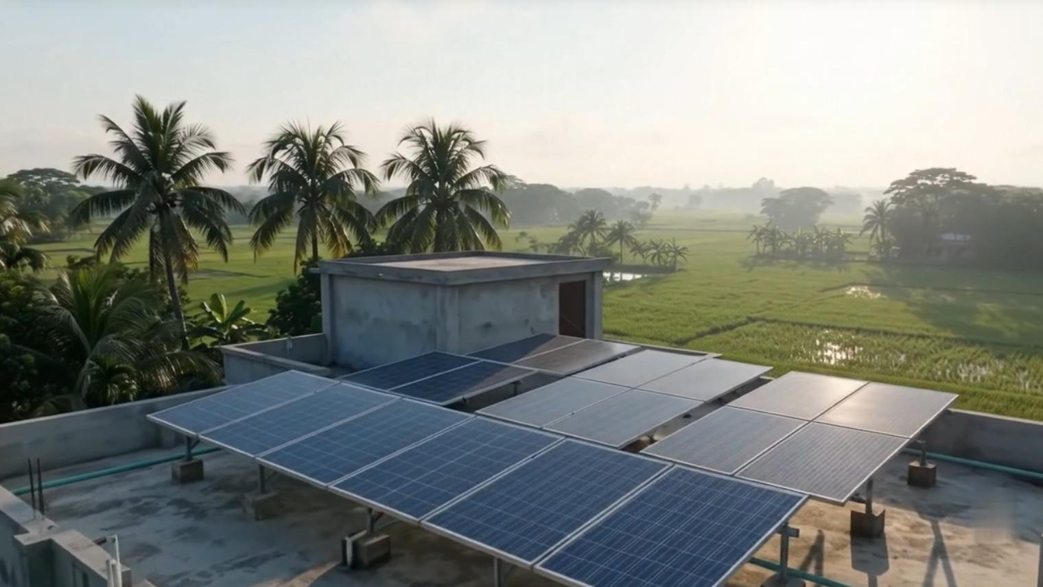Close view of a rooftop solar installation with rice fields behind
